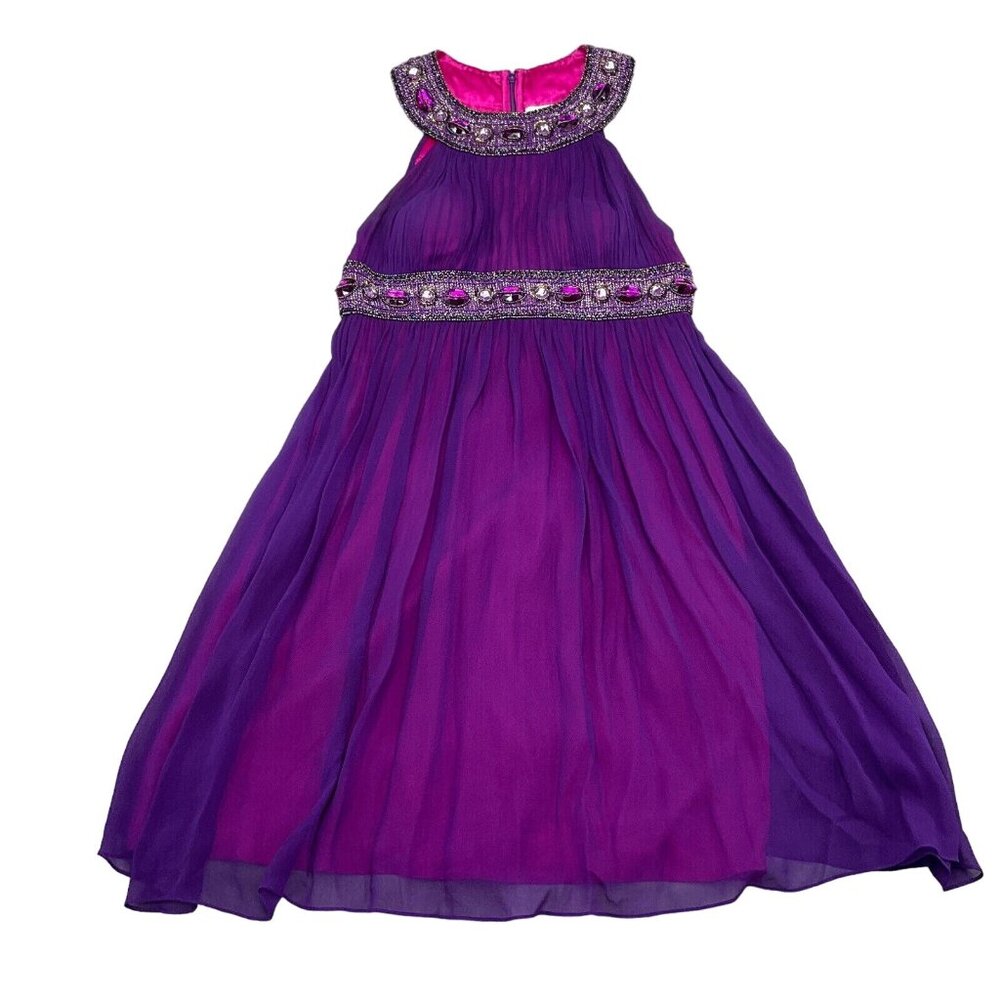 Cache Dress Women 4 Purple Pink‎ Gem Sequin Silk Layer Cocktail Formal